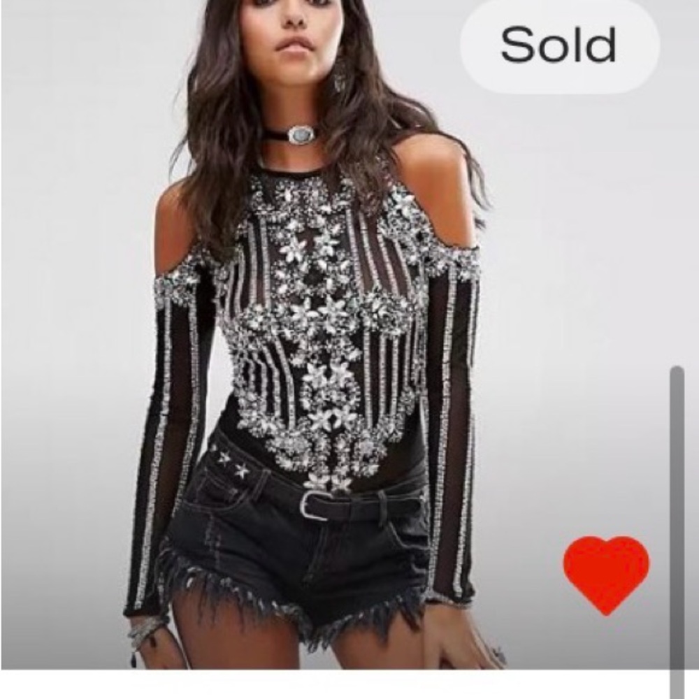 Elegant Black Embellished Cold Shoulder Bodysuit